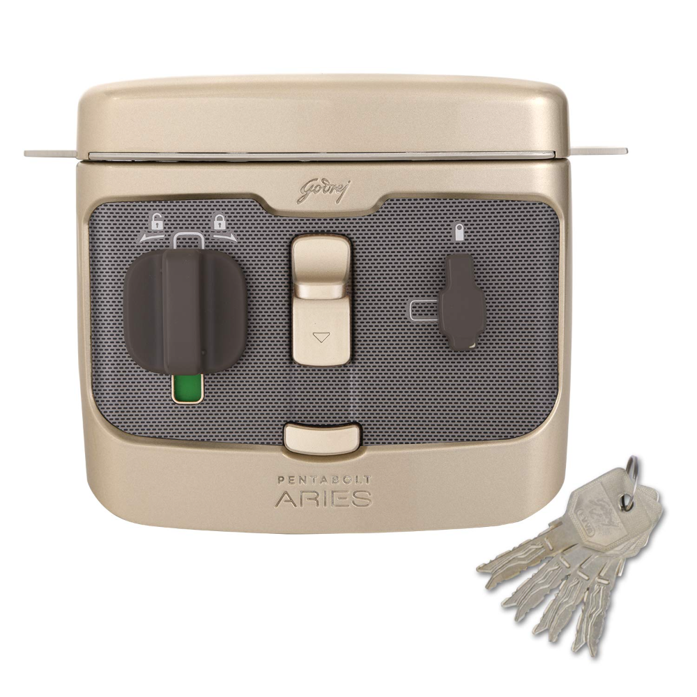 Godrej Rim Lock I Pentabolt Aries 3KS I 5 Bolts I 1CK Deadbolt I For Home Main Door I for Inside Opening Door l Left Right Handed Doors I 4Keys I 15 Year Warranty I Manual Locking I Vegas Gold Finish